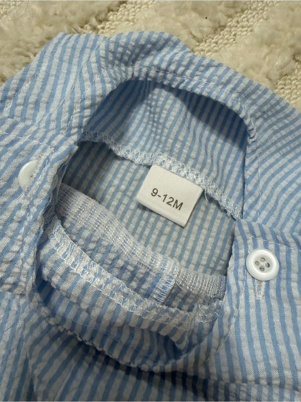 Blue Seersucker Baby Romper with Flag Embroidery